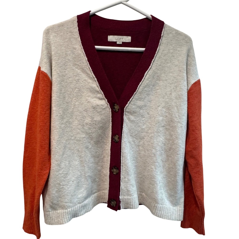LOFT Womens Colorblock V-Neck Cardigan Sweater Burgundy Orange Cream Small